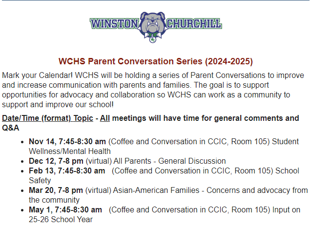 Mark your calendars for the WCHS Parent Conversation Series